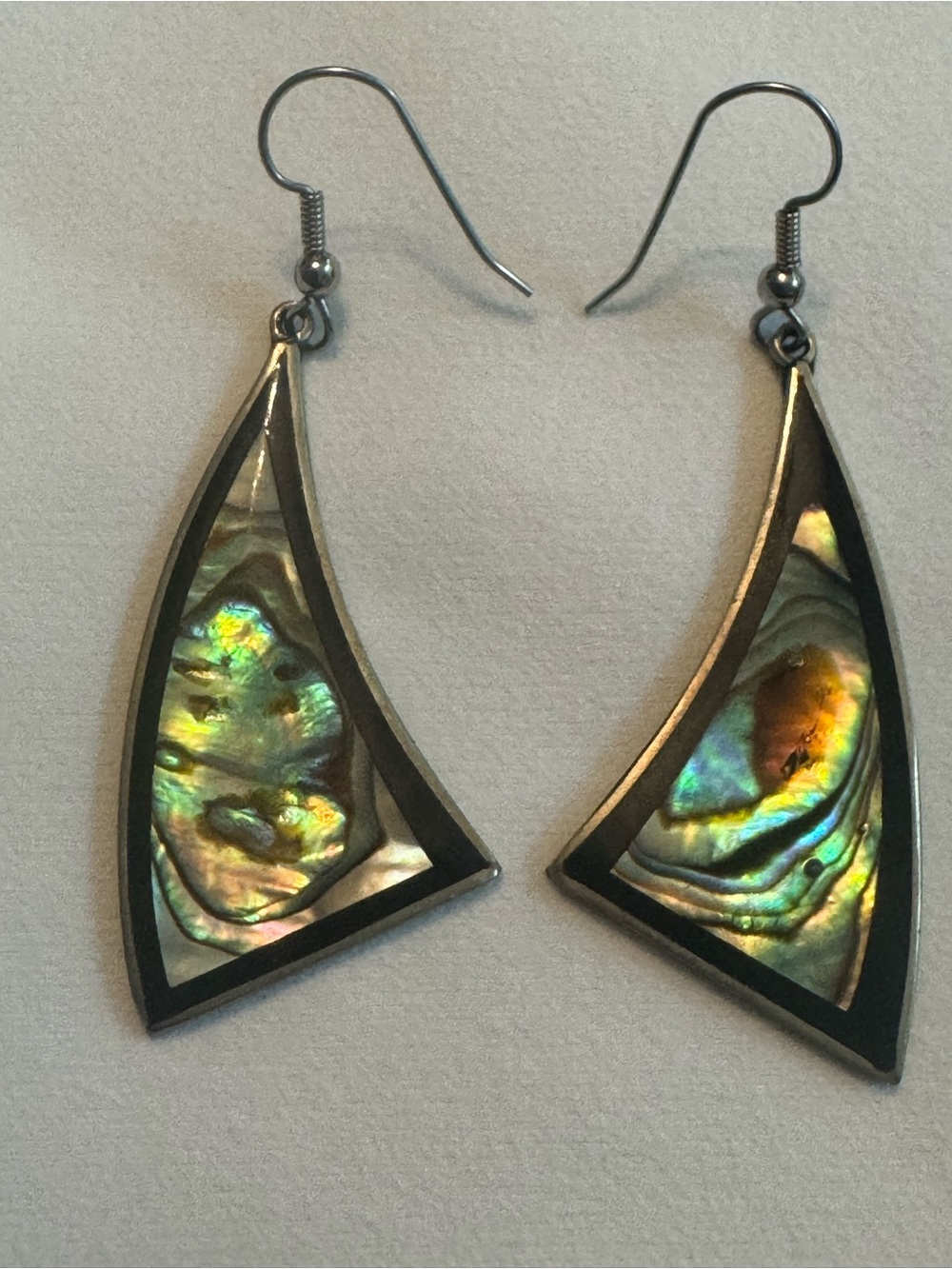 Vintage Alpaca Mexican mid-century artisan earrings with organic abalone shell
